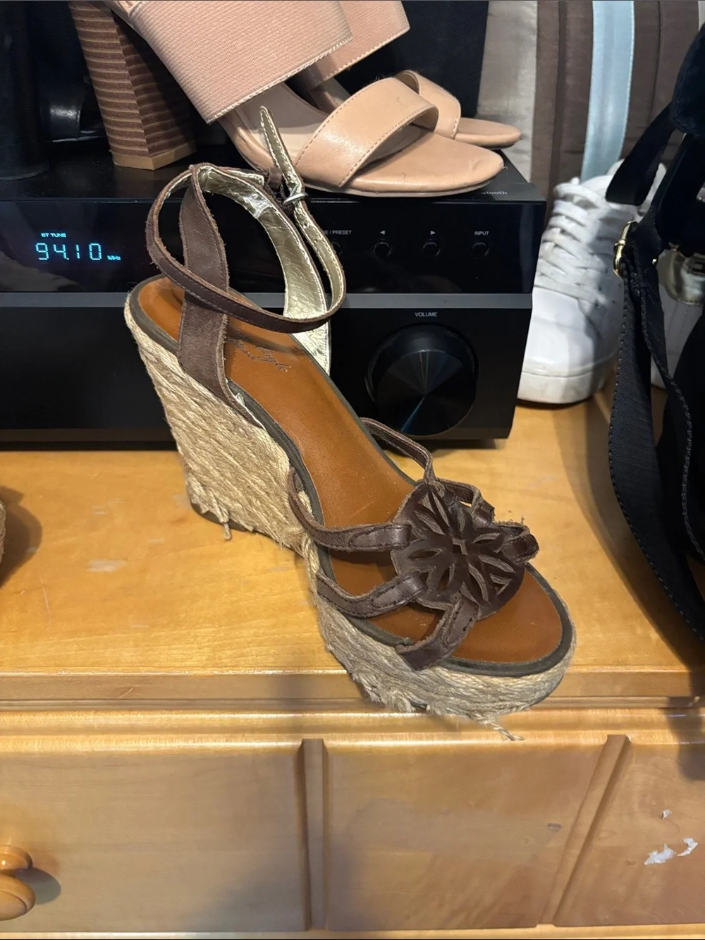 American Eagle Brown Floral Leather Espadrille Wedges